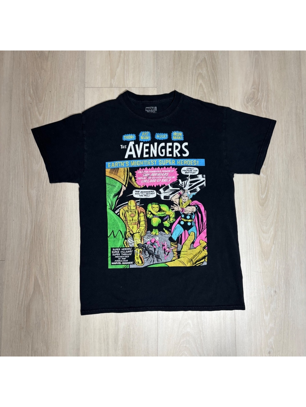 Marvel Avengers T Shirt Mens M Black Comic Graphic Thor Hulk Iron Man Retro